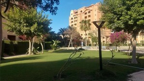 A well-maintained courtyard with a lawn, trees, and a building in the background.