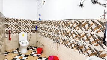 Shower, rainfall showerhead, slippers, towels