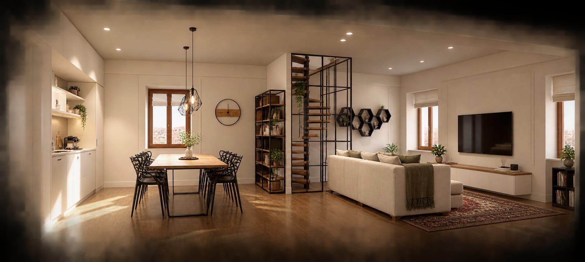 A modern living space with a dining area, a sofa, a TV, and a staircase.