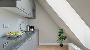 A modern kitchen with a granite countertop, a fruit bowl, and a potted plant.