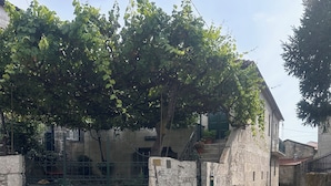 A cobblestone street with a stone wall and a green gate. - Casa João Fidalgo (Arcos de Valdevez)