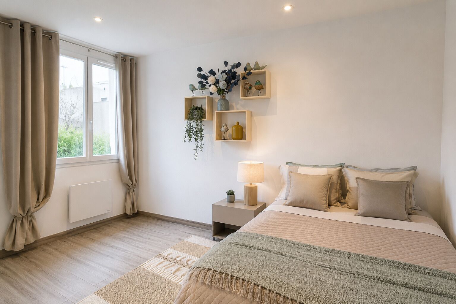 A bedroom with a bed, bedside table, lamp, and decorative items on the wall.