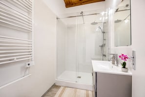 Douche, séchoir à cheveux, serviettes fournies, papier de toilette