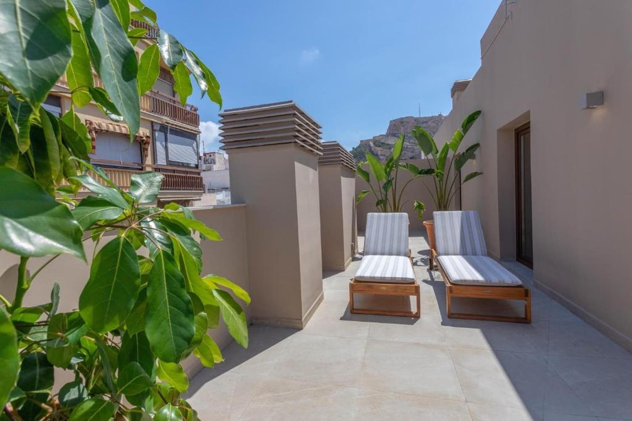 A rooftop terrace with two lounge chairs, a potted plant, and a view of a mountain.