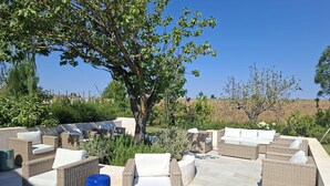 Un espacio al aire libre con mobiliario de mimbre y un árbol grande.
