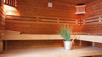 Un sauna avec des bancs en bois et une plante en pot.