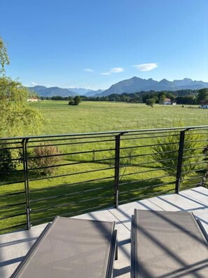 Eine Terrasse mit Metallgeländer, eine Wiese und Berge im Hintergrund.