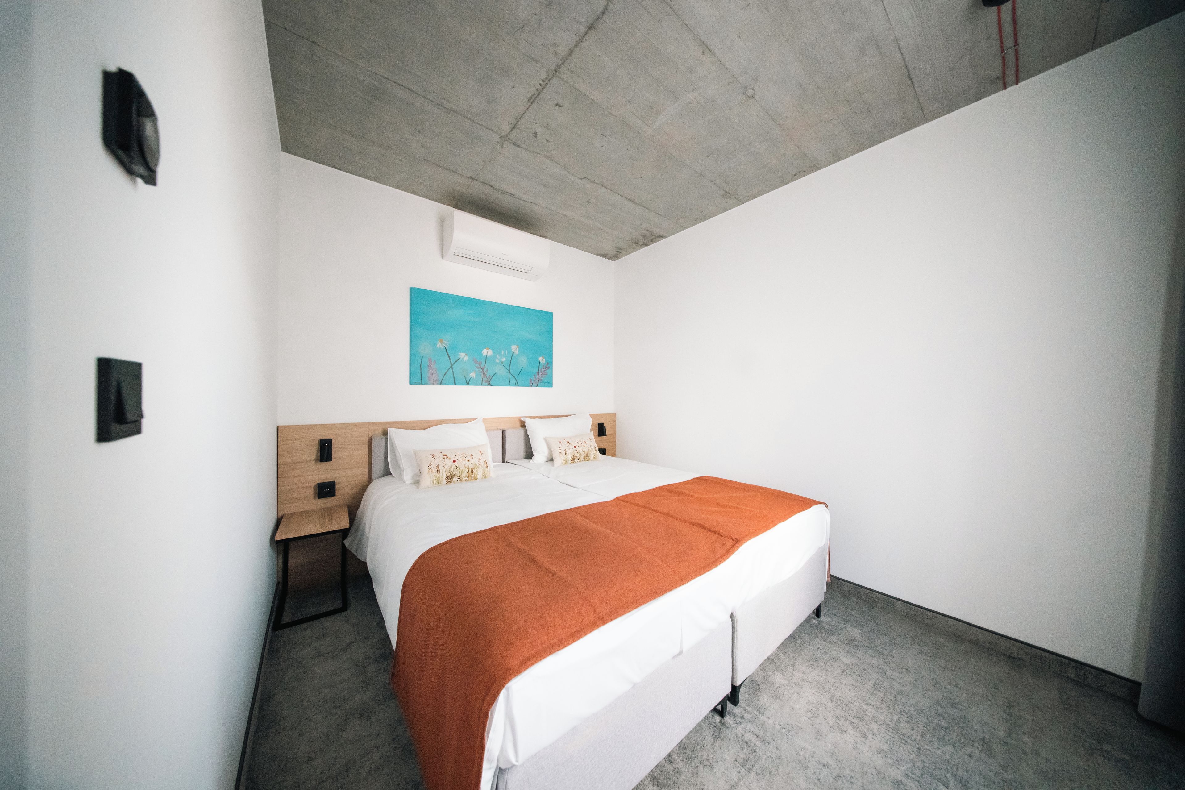Een hotelkamer met een bed, een nachtkastje, een schilderij en een betonnen plafond.