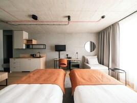 Habitación de hotel con dos camas, un escritorio, una silla, un televisor y un espejo.