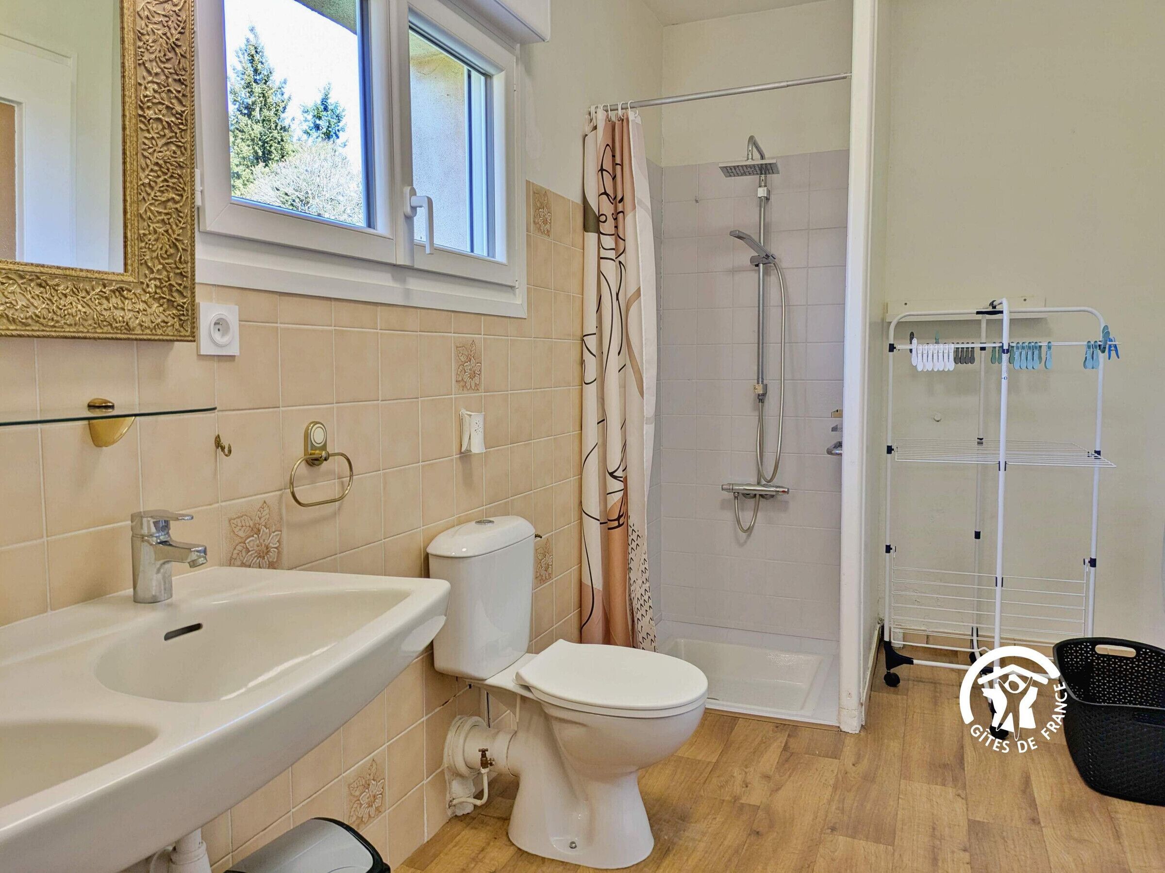 Een badkamer met een wastafel, toilet, douche en handdoekhouder.