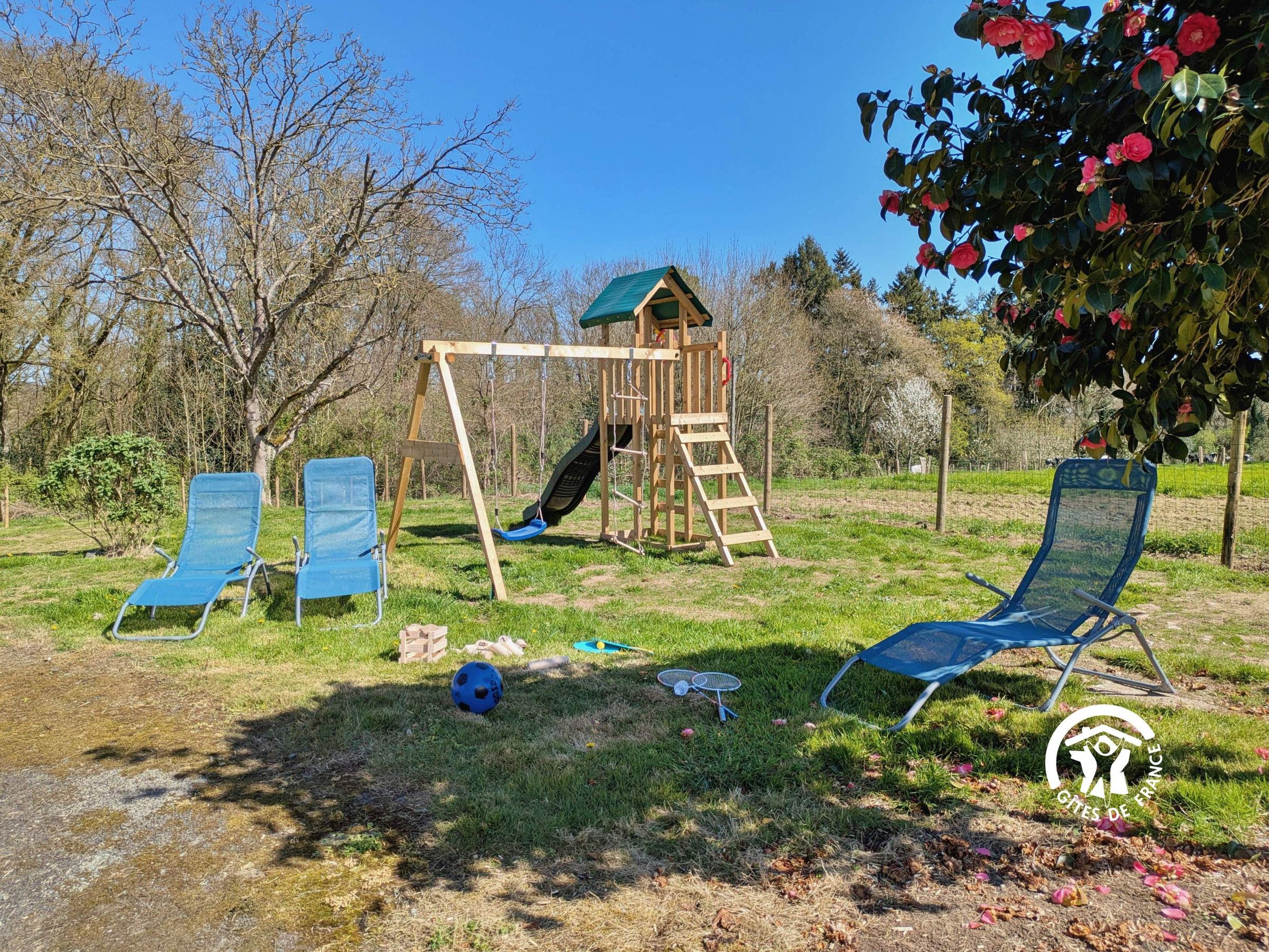 Une aire de jeux avec des balançoires et un toboggan, entourée d’herbe et d’arbres.