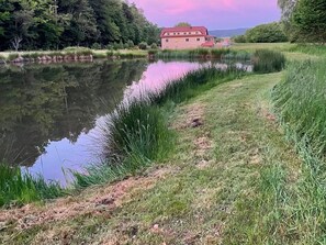 Une vue paisible sur un lac, avec une maison en arrière-plan.