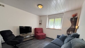 En moderne stue med et fladskærms-tv, en rød lænestol, en grå sofa og et vindue med udsigt til grønne omgivelser.