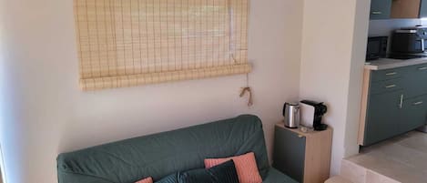 Una habitación con un sofá verde, aire acondicionado de pared y una zona de cocina con armarios y electrodomésticos.