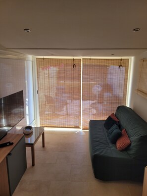Ett modernt vardagsrum med en soffa, en tv och en skjutdörr i glas med bamburullgardiner.