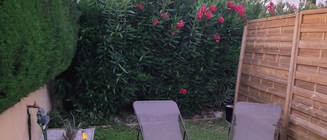 Un jardín con dos sillas de metal, una valla de madera y diversas plantas.