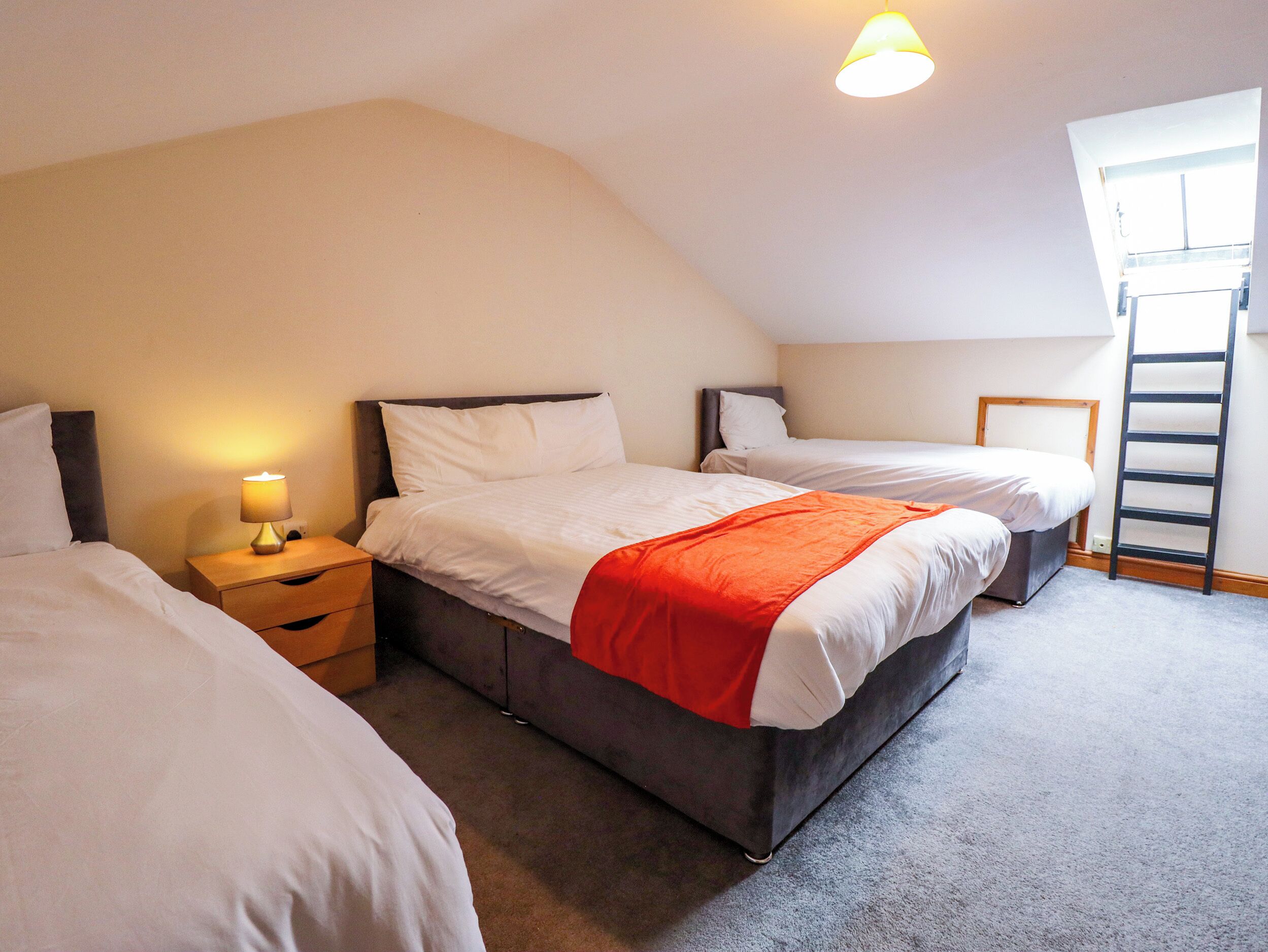 A bedroom with two beds, a nightstand with a lamp, a ladder, and a window.
