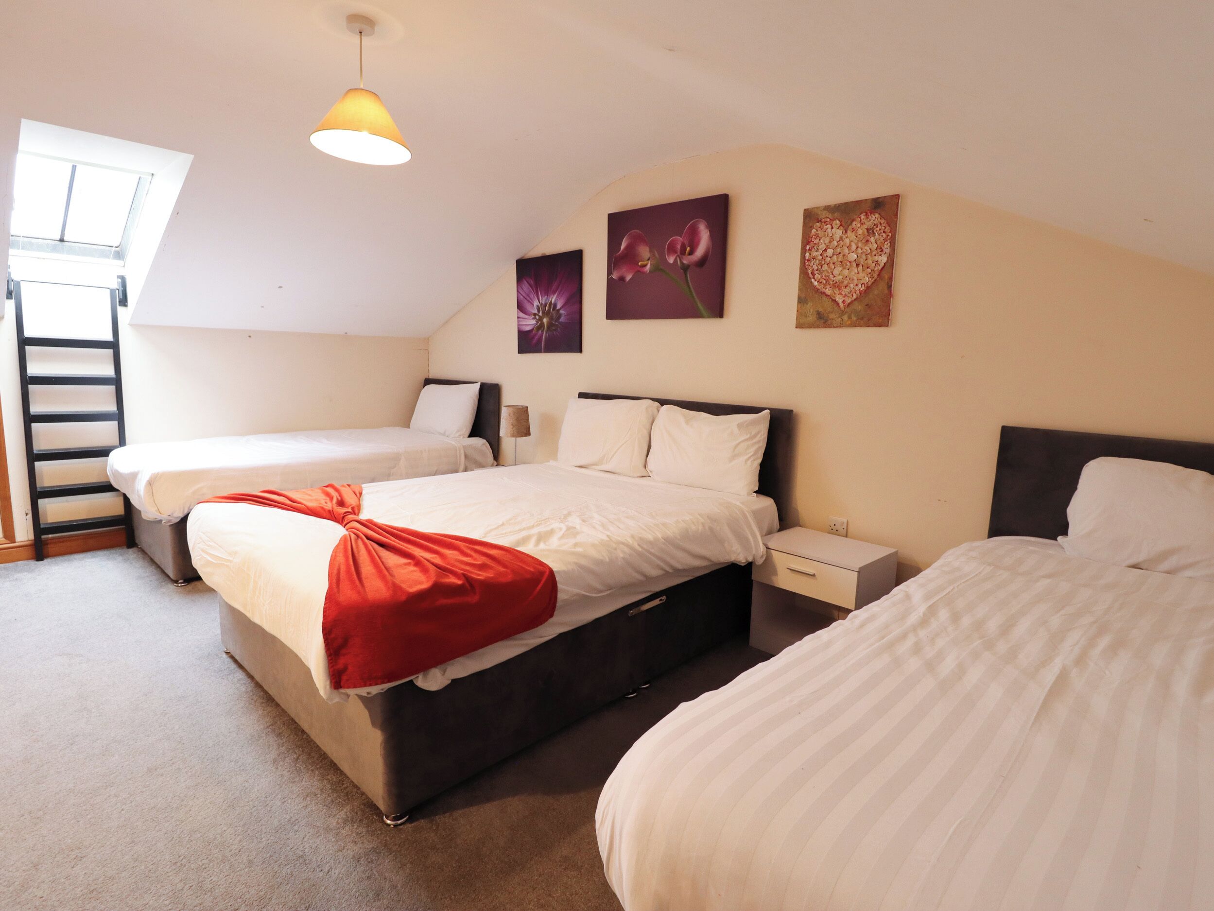 A bedroom with two beds, a nightstand, a lamp, and a window.