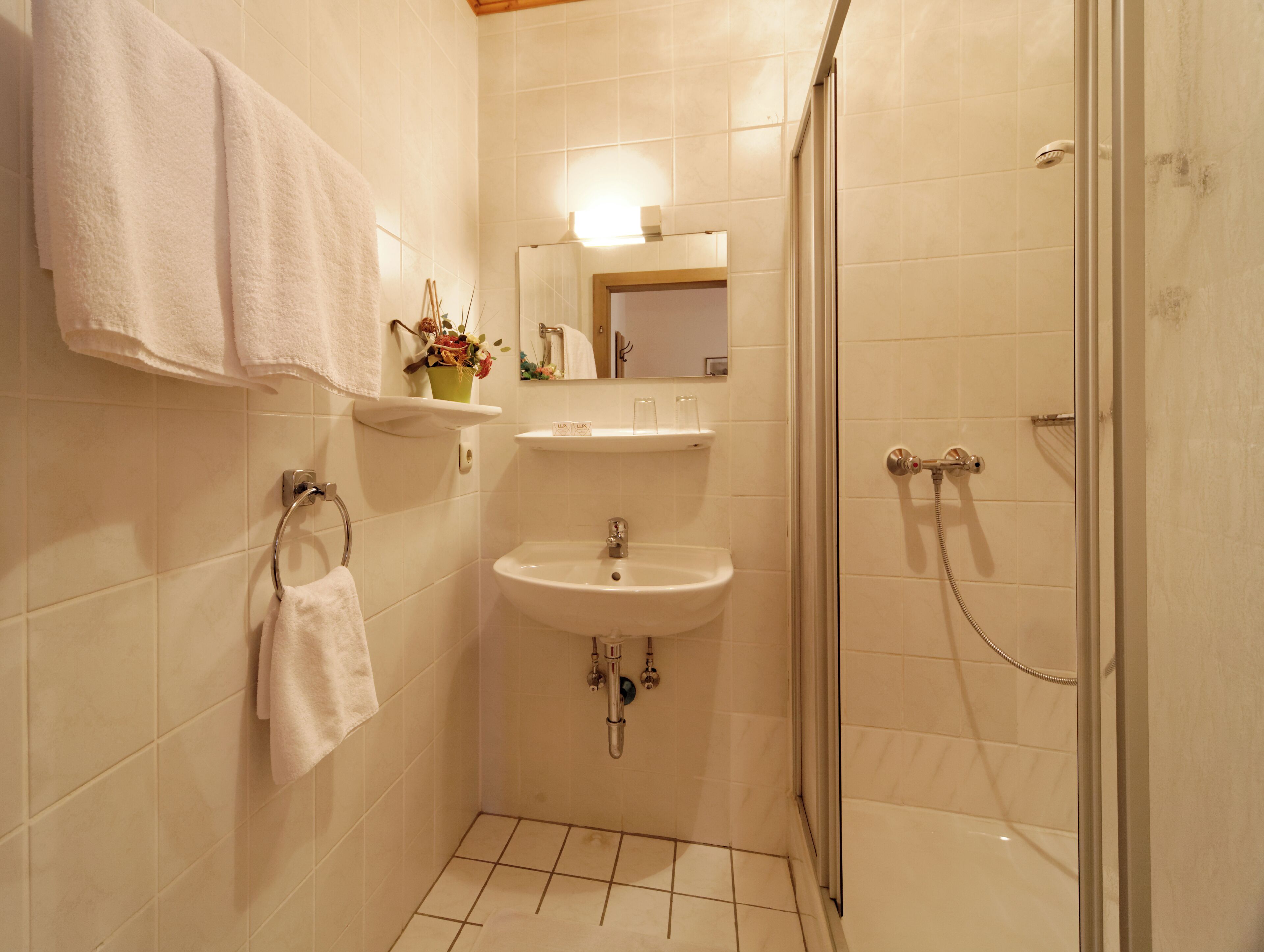 Ein Badezimmer mit Dusche, Waschbecken und Handtuchhalter.