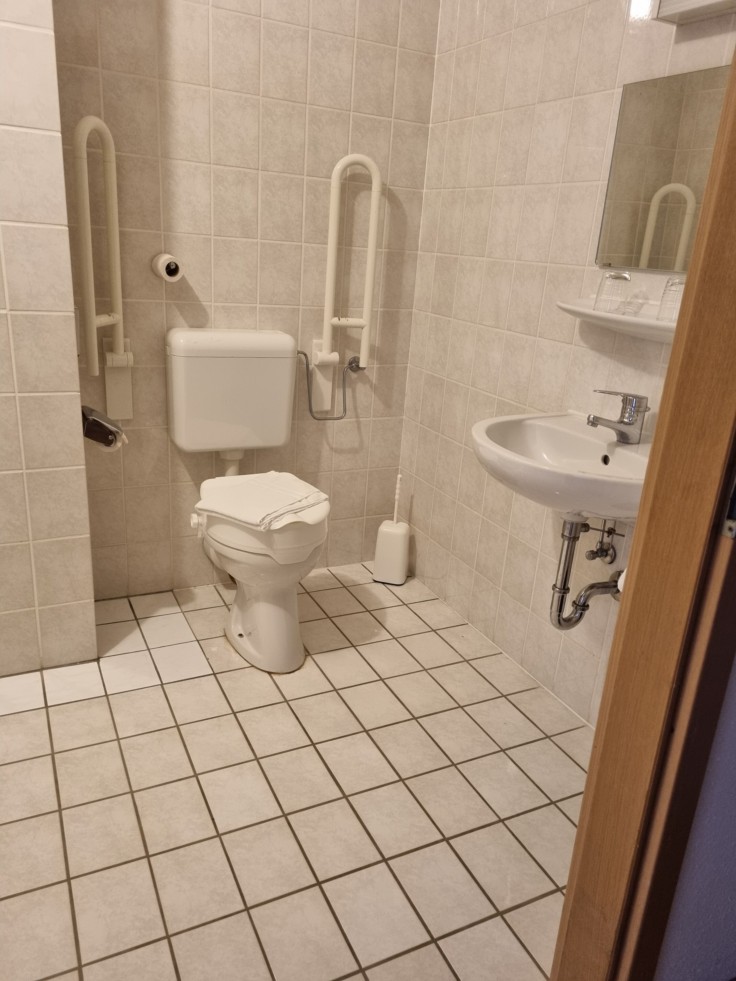 Tweepersoonskamer, rolstoeltoegankelijke douche | Badkamer | Een haardroger, badjassen, handdoeken, zeep