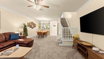 Smart TV, fireplace, books