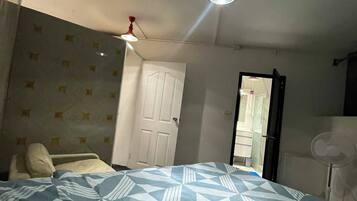 A bedroom with a bed, a door, a ceiling fan, and a light fixture.