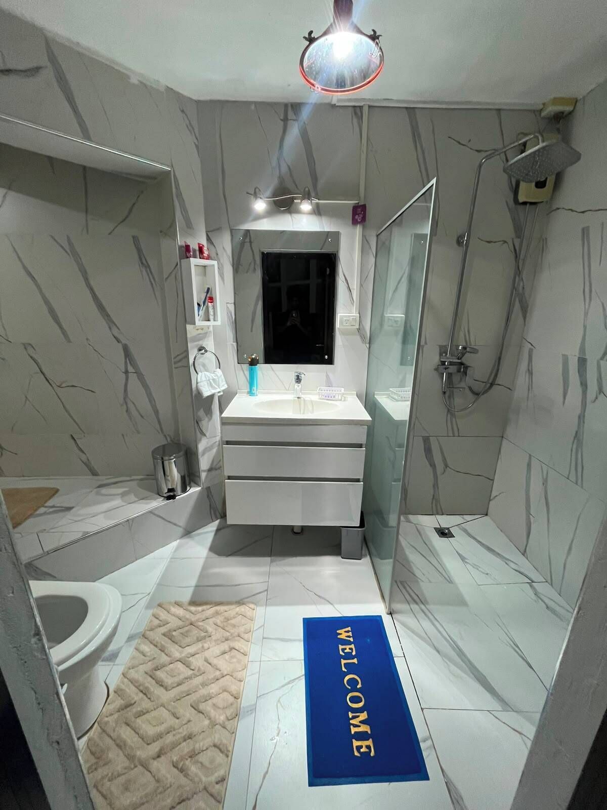 Shower, hair dryer, towels, toilet paper