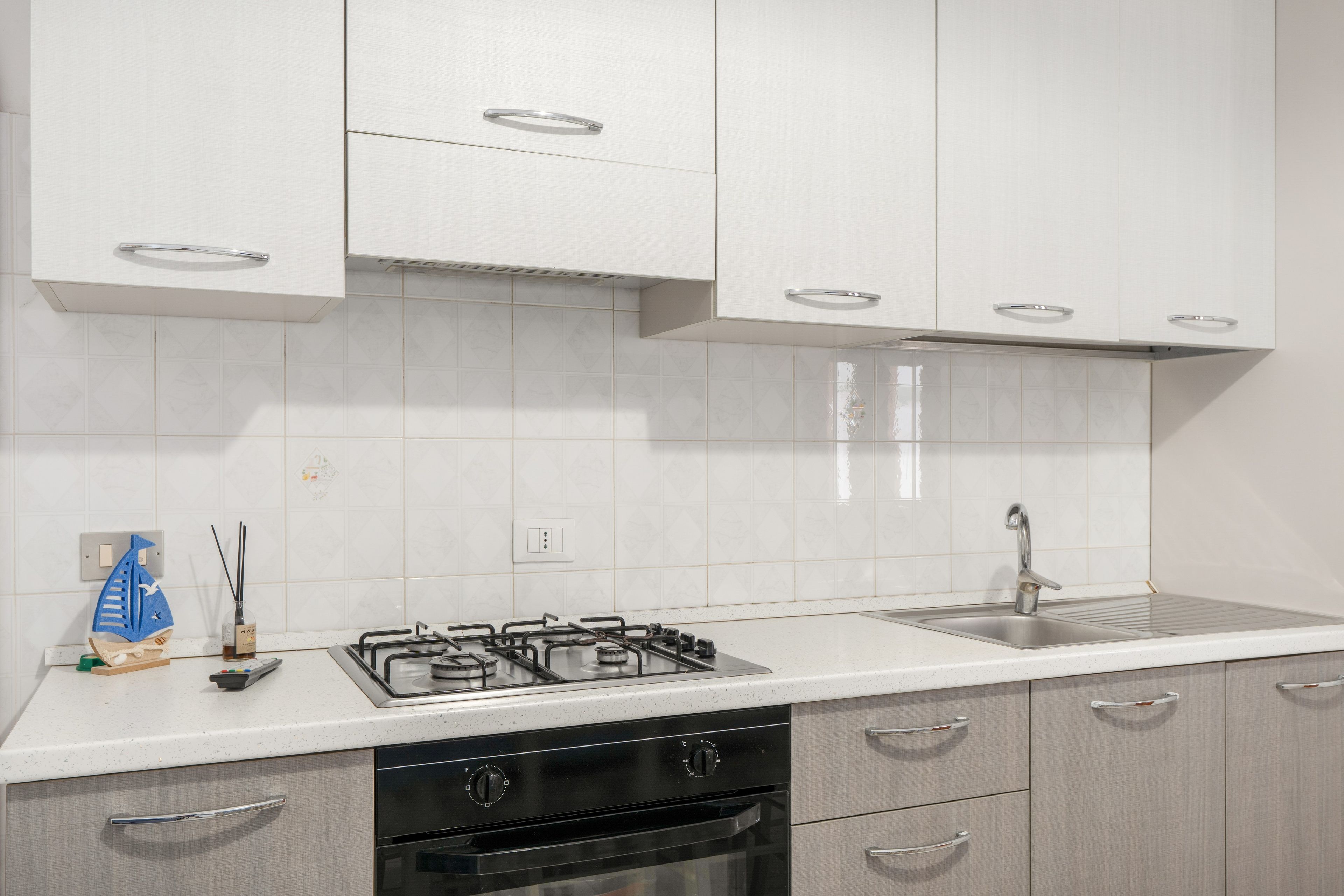 Une cuisine avec des meubles blancs, un évier en acier inoxydable, une cuisinière à gaz et un lave-vaisselle.