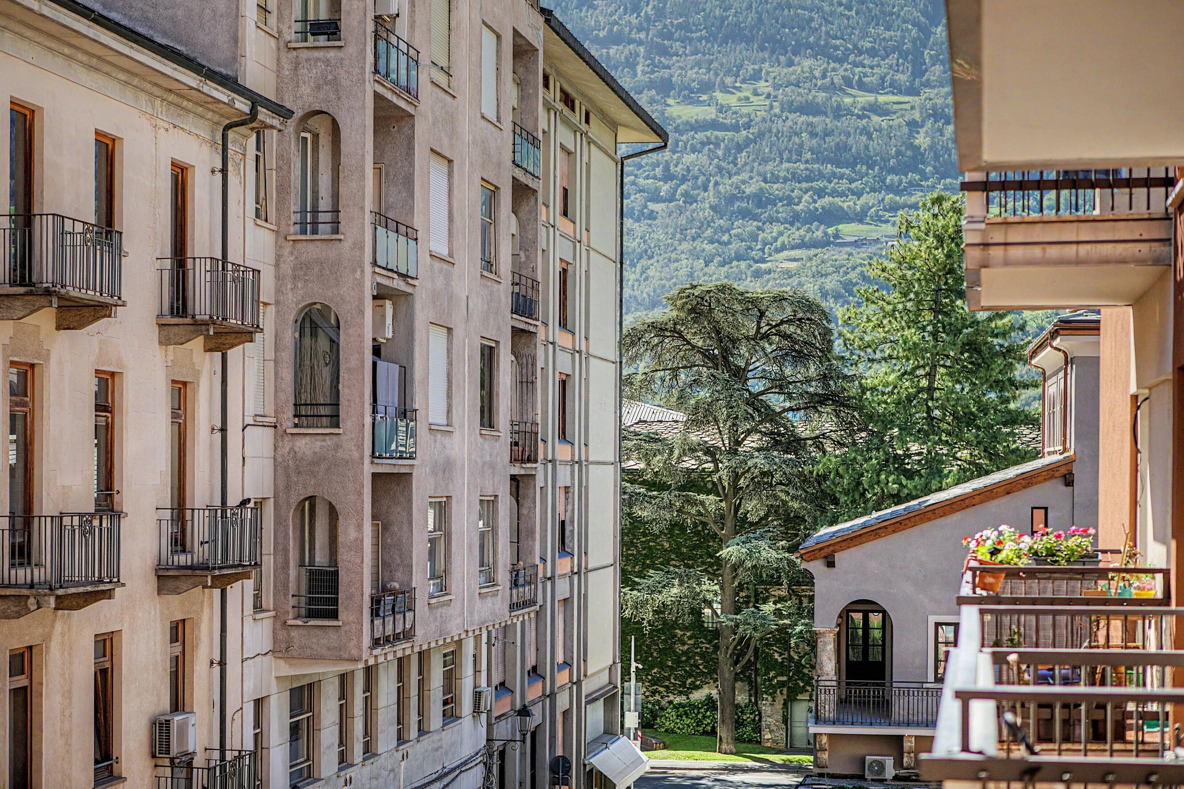 A multi-story building with balconies, a large tree in the foreground, and a mountainous backdrop.
