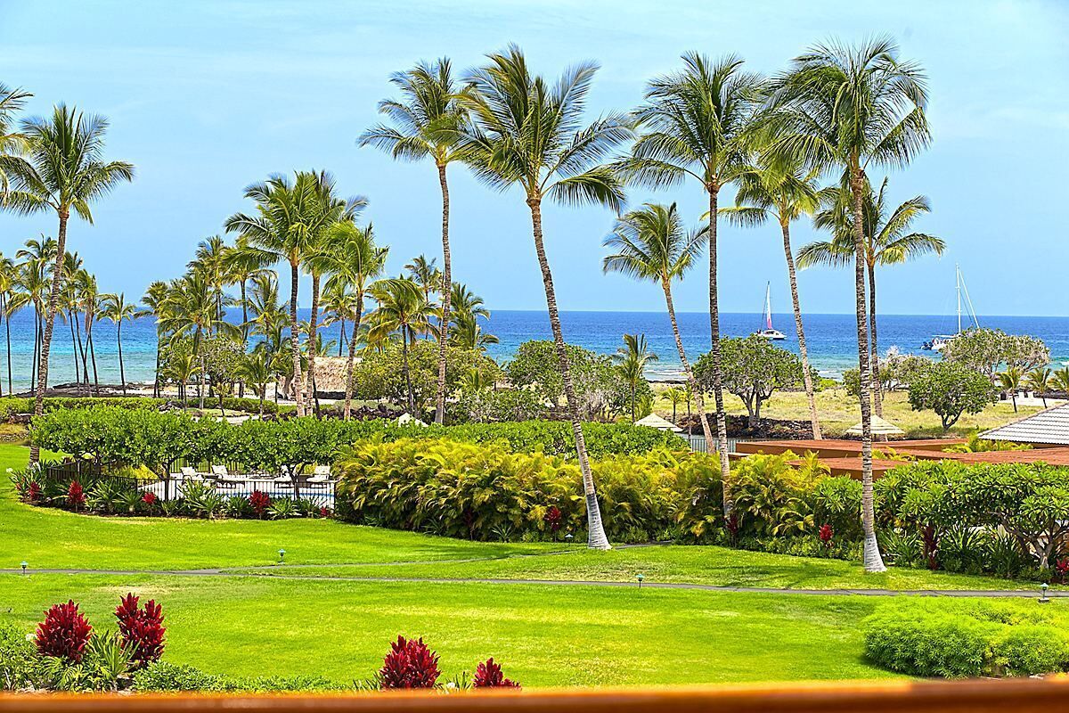 A tropical resort with palm trees, a well-maintained lawn, and a view of the ocean.