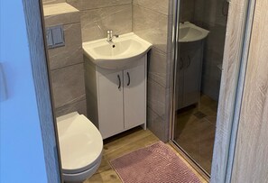 A bathroom with a toilet, a sink, and a shower area. - Comfortable 4-person Room With Kitchenette (Mielno)