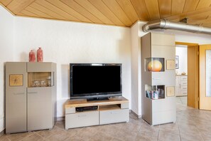 A modern living room with a flat-screen TV on a wooden stand, a built-in cabinet with glass doors, and a visible duct on the ceiling. - Apartment 'Haus Susanna' with Exclusive Guest Terrace and Wi-Fi (Brilon)