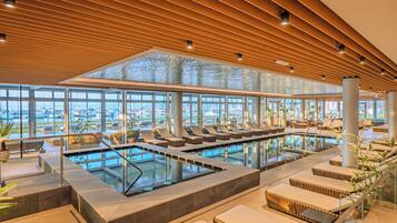 Indoor pool, seasonal outdoor pool, pool loungers