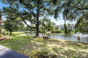 Ein Park am Seeufer mit einer Bank, einem Teich und Gebäuden im Hintergrund.