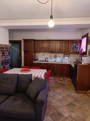 Ein Wohnzimmer mit einer Couch und einem Esstisch, eine Küche mit Holzausbau und einer gefliesten Spritzschutzwand sowie eine Deckenleuchte.