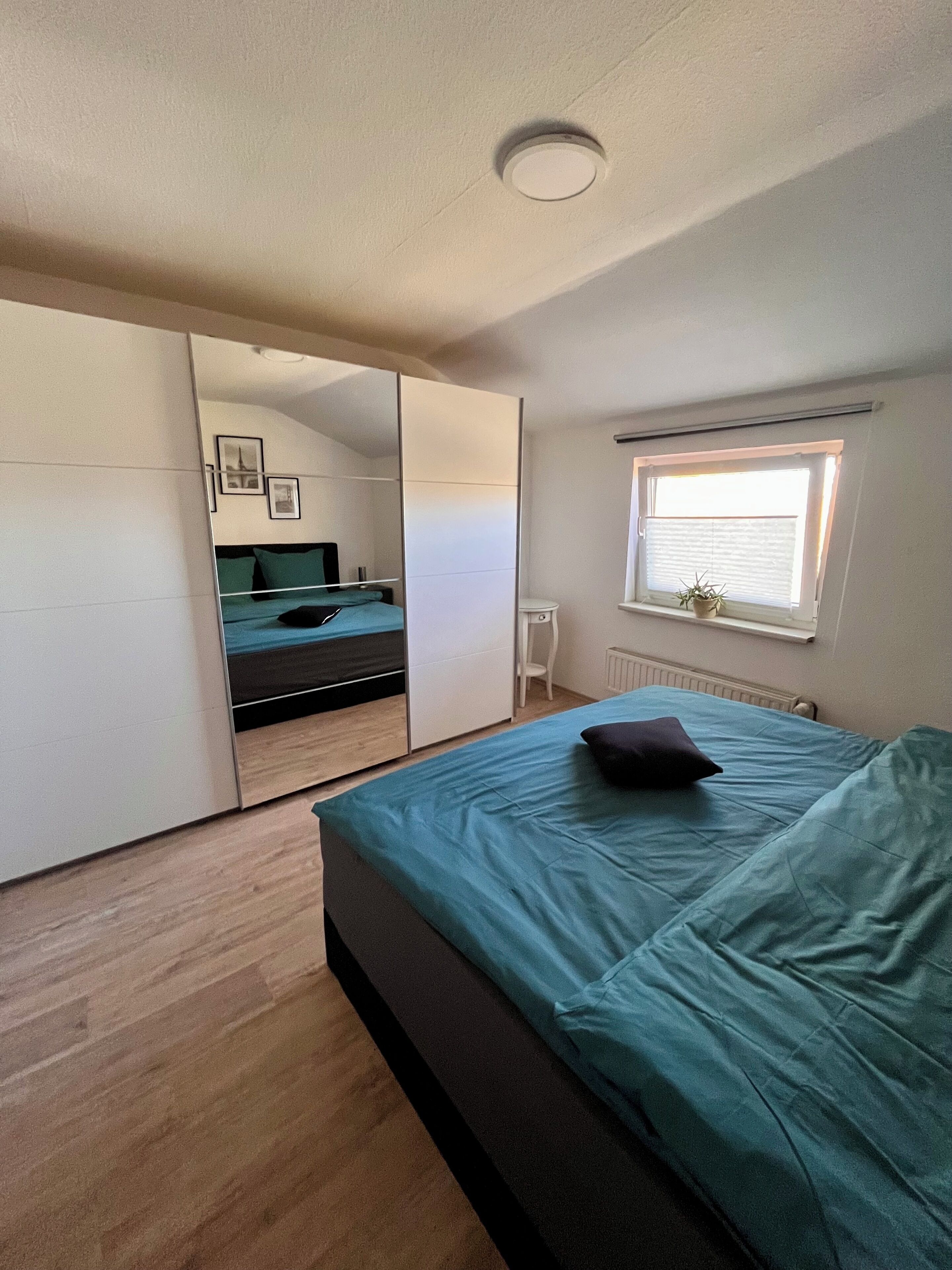 A bedroom with a bed, a window with blinds, a radiator, and a mirror.