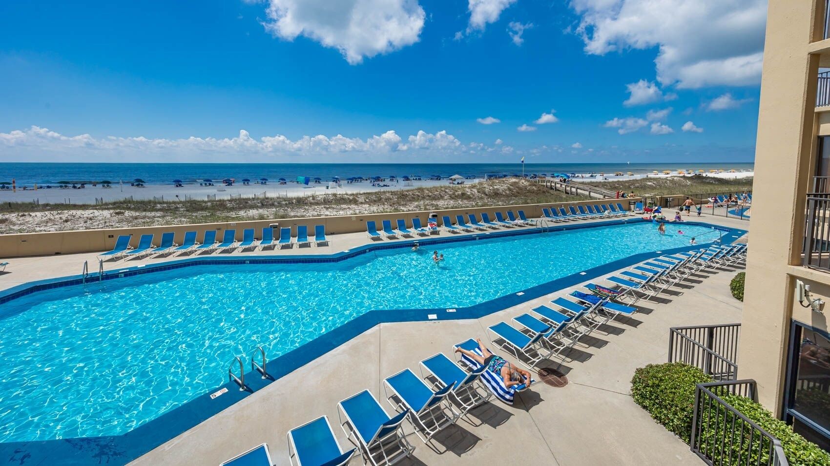 Une grande piscine à l’eau bleue, entourée de chaises longues, avec vue sur la plage et l’océan.