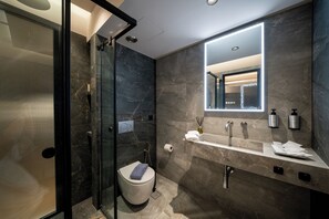 A modern bathroom with a glass shower enclosure, a toilet, a vanity with a mirror, and a sink.