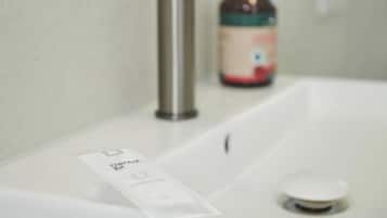 Douche, séchoir à cheveux, serviettes fournies, savon
