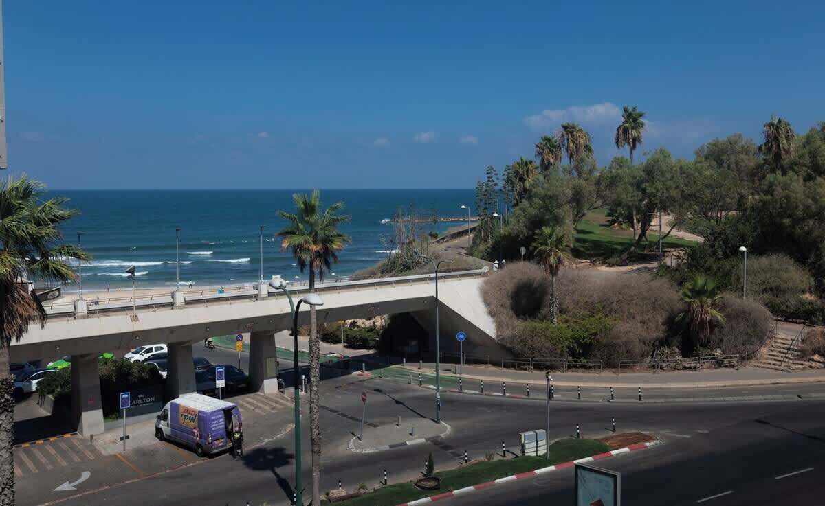 A coastal road with a bridge, palm trees, and a beach in the background.