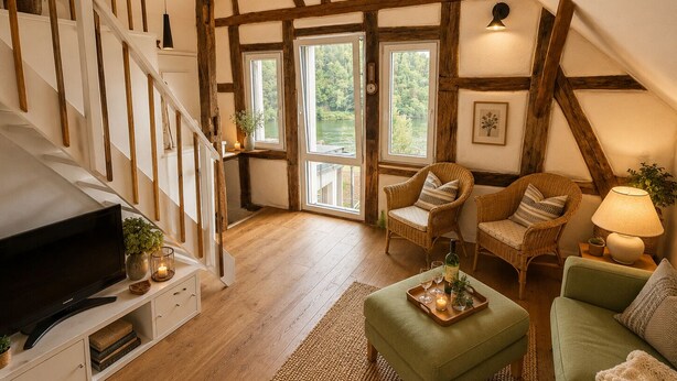 Un salon chaleureux avec un escalier en bois, un téléviseur, des meubles en osier et une vue sur l’extérieur.