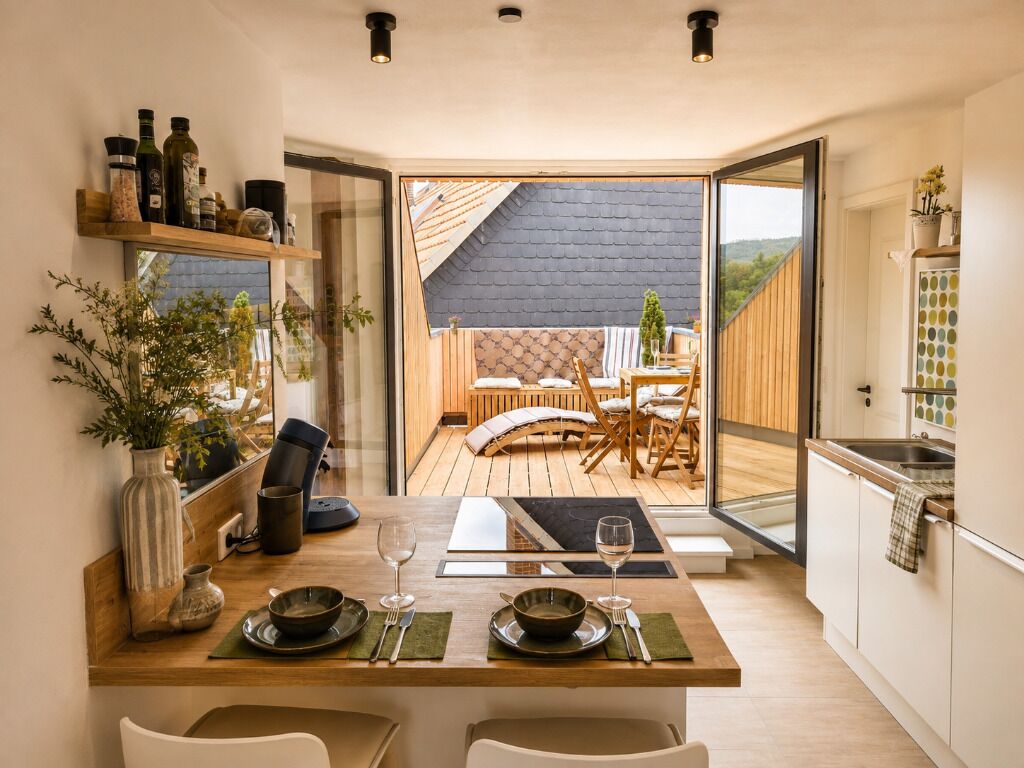 A modern kitchen with a dining area, wooden flooring, and a view of the outdoors.