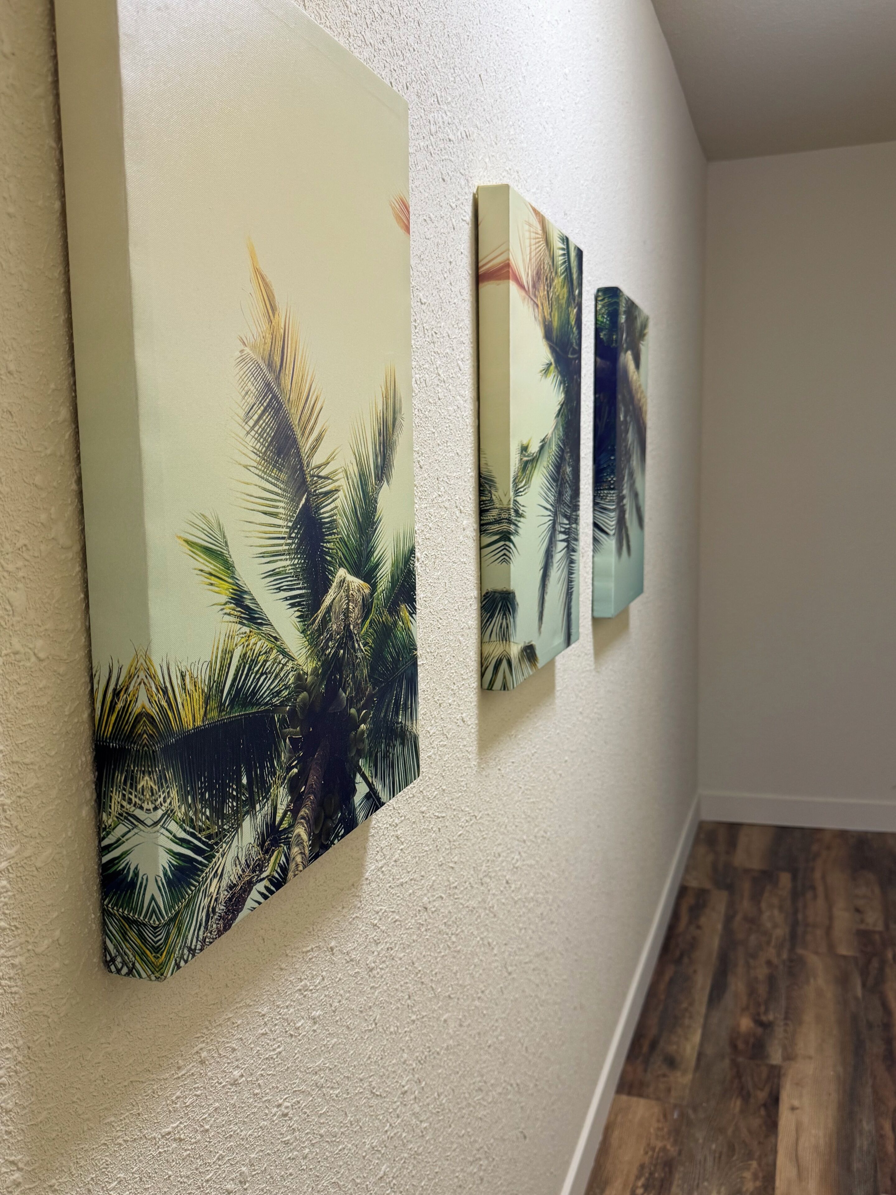 A hallway with three wall-mounted artworks depicting palm trees.