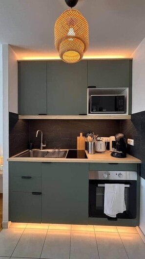 A modern kitchen with a built-in microwave, a sink, and a stove. - Cath' Home - Studio on Place de la Cathédrale (Colmar)