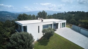 Ein modernes Haus mit Flachdach, großen Fenstern und einer gepflasterten Auffahrt.