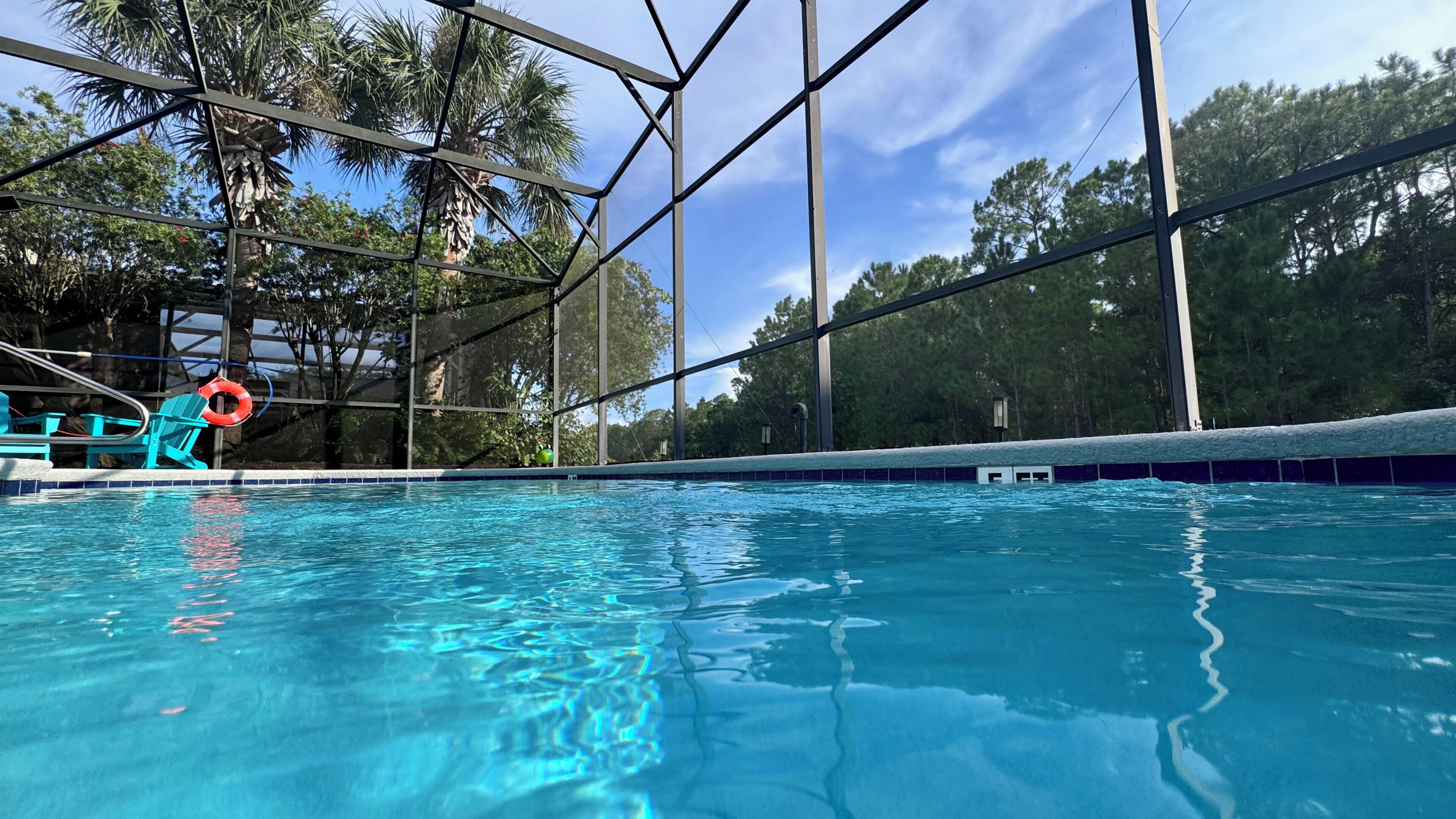 A clear swimming pool with a safety ring, surrounded by a metal fence, and trees in the background.