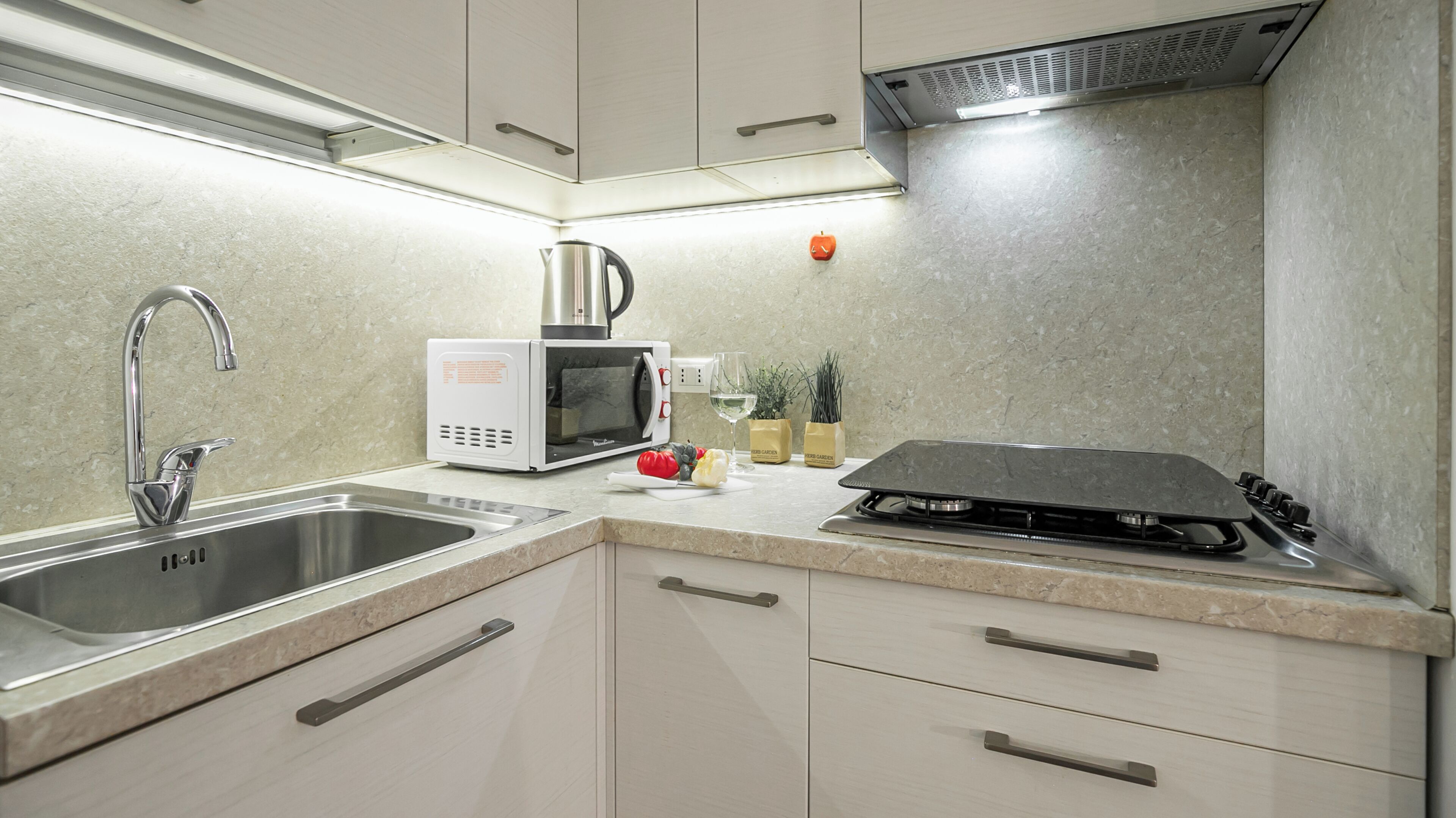 A modern kitchen with a stainless steel sink, a microwave, a gas stove, and a small potted plant.