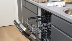 A modern kitchen with grey cabinetry, a dishwasher, and a sink.