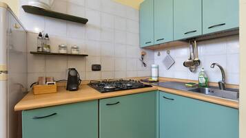Frigorífico, placa de cocina, hervidor eléctrico y utensilios de cocina