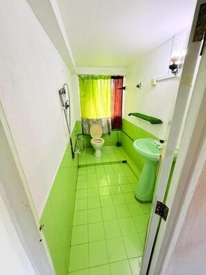 Regadera, toallas, jabón, papel de baño 